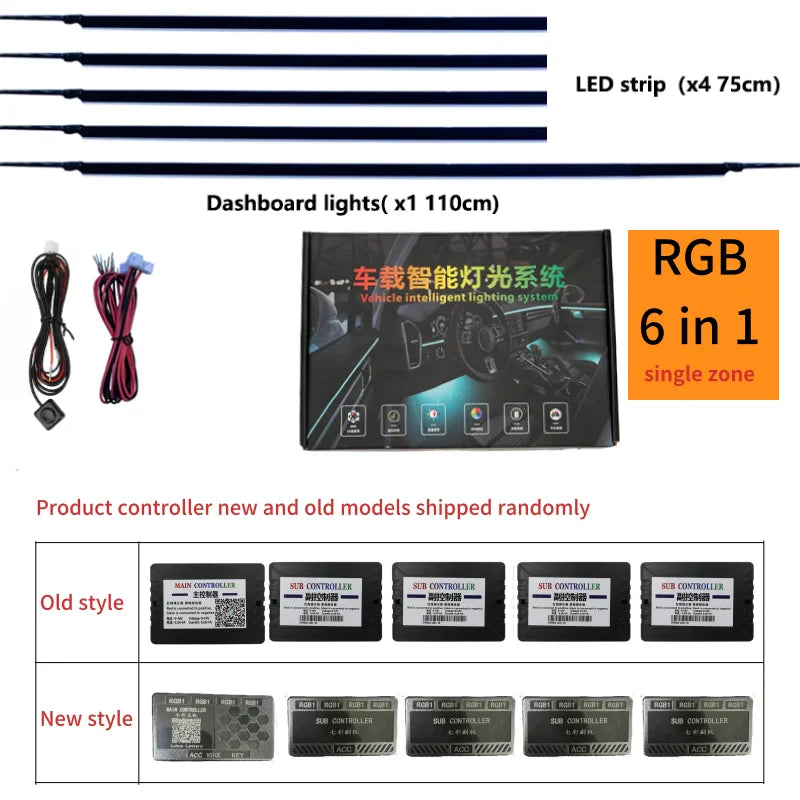6/18 in 1 RBG 64 Color Car Ambient Lights Interior Acrylic Strip Light Guide Fiber Optic Interior Decoration Atmosphere Lamp
