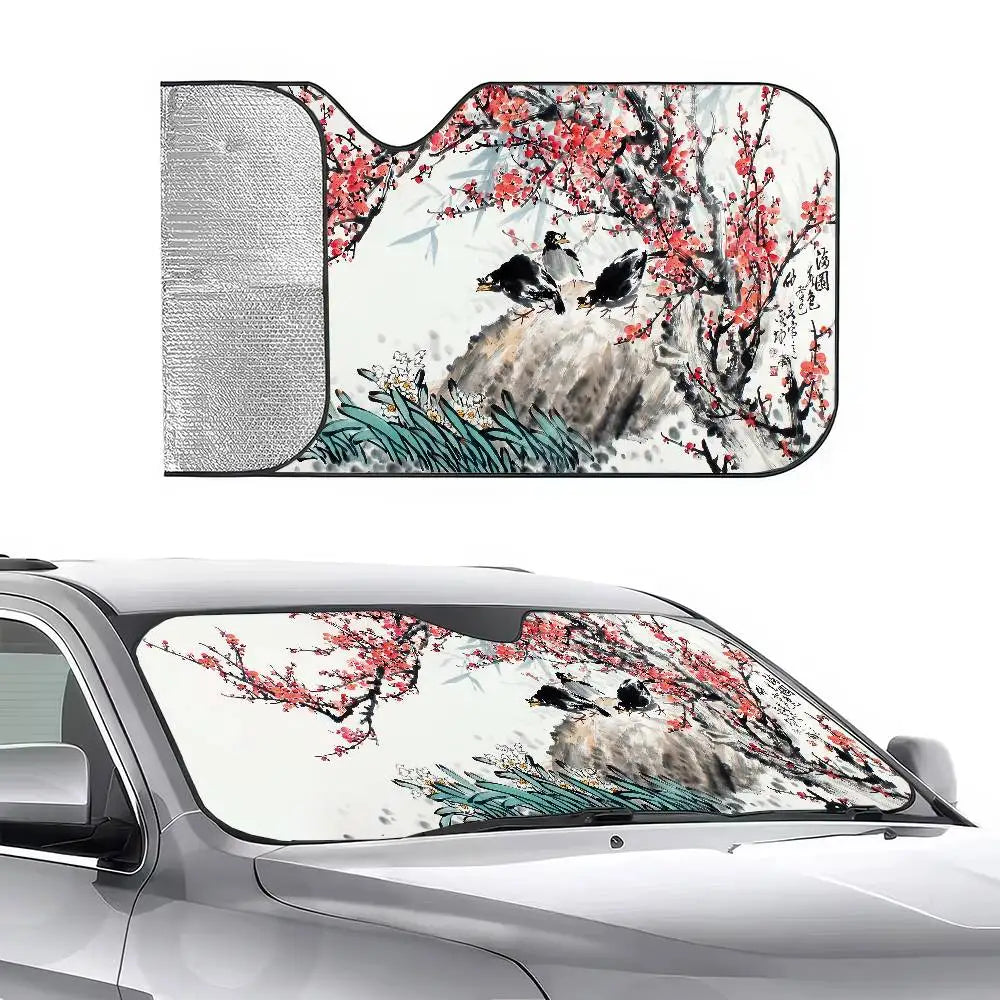 Chinese Plum Flower Sunshade Windscreen 3D Film Plaid Gift Novelty Car Front Window Viso detail view