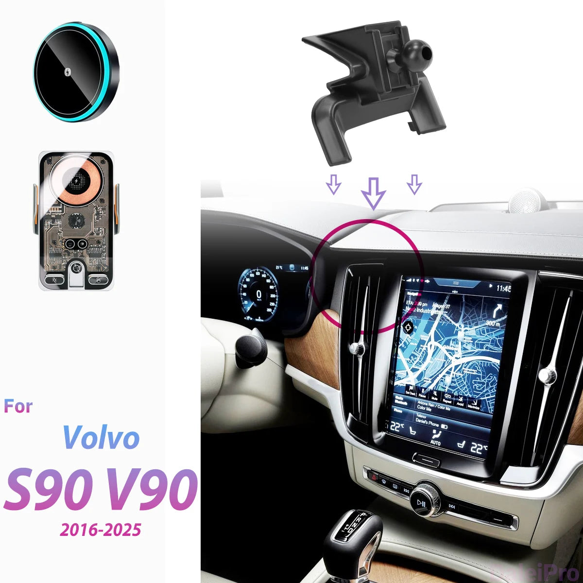 For Volvo S90 V90 2016 2017 2018-2025 Car Phone Holder Wireless Charger Holder Phone Auto-Clamping S