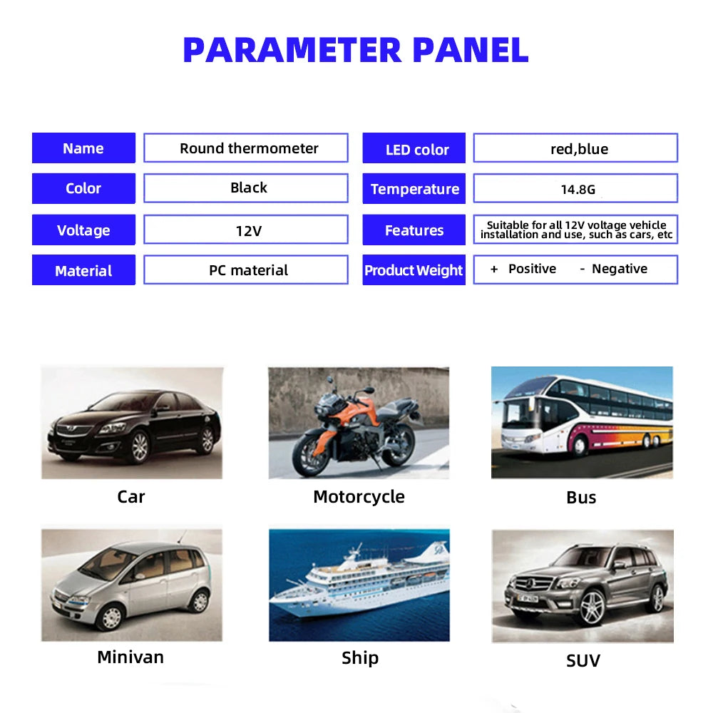 Car Round Temperature Voltmeter 12-24V Auto Voltage Meter Display Digital Measurement for Car Motorcycle Boat Thermometer T