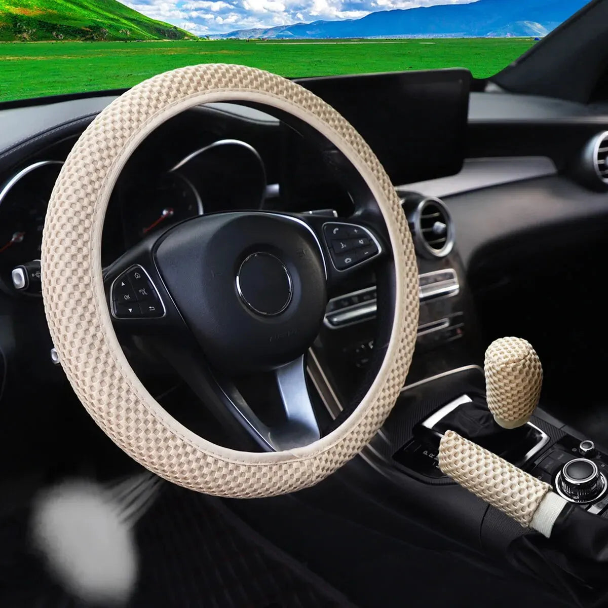 3 Car Massage Mesh Cloth Steering Wheel Cover Handbrake & Handle Cover Set Breathable close-up view