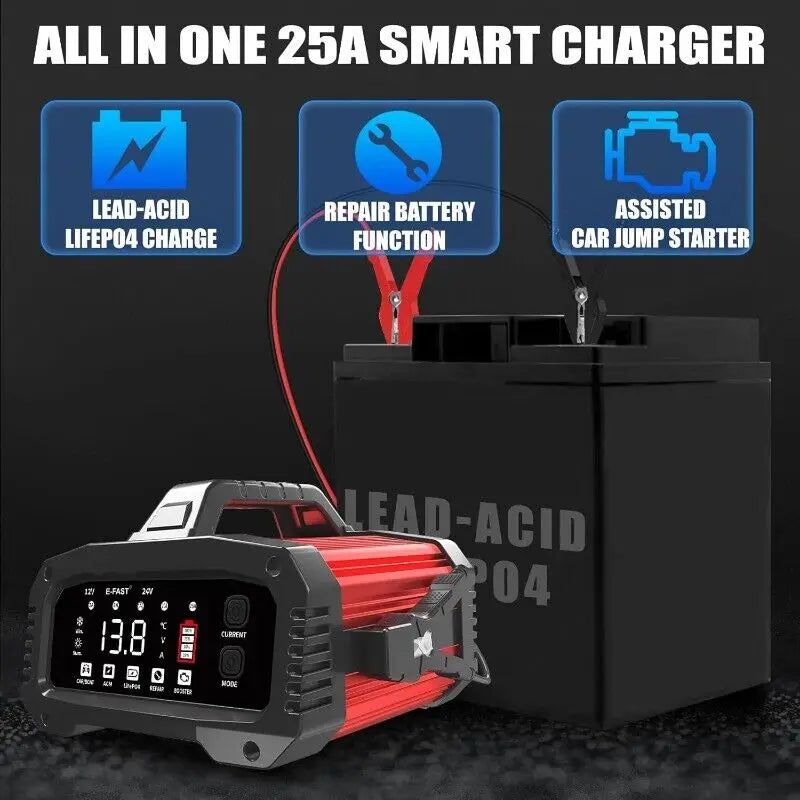Smart 25A Car Battery Charger 12V/24V Trickle Maintainer for Auto Boat RV Truck