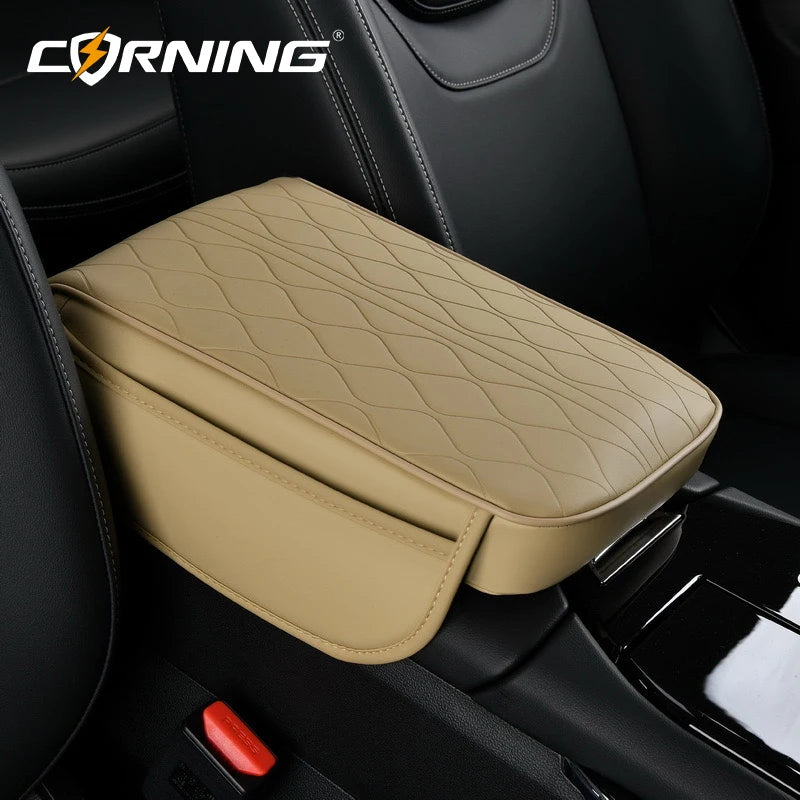 Universal Car Armrest Pad - PU Leather Memory Sponge Armrest Cushion Vehicle Center Console Cover Protector With Side Pocket