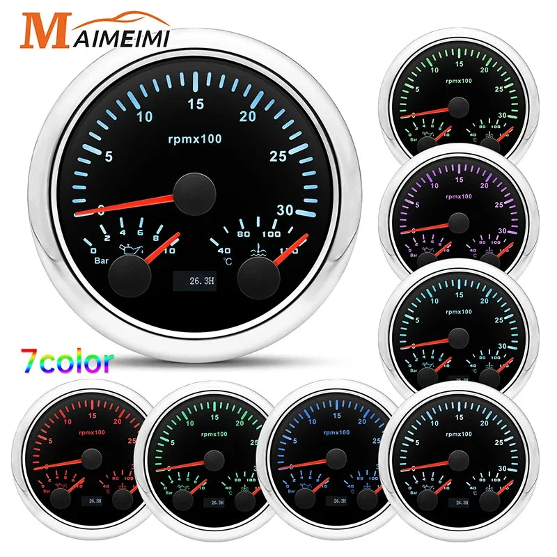 MH 85mm 3-in-1 Gauge Tachometer Water Temp Oil Pressure | 12V Car Boat 8000RPM 7 Color Backlight
