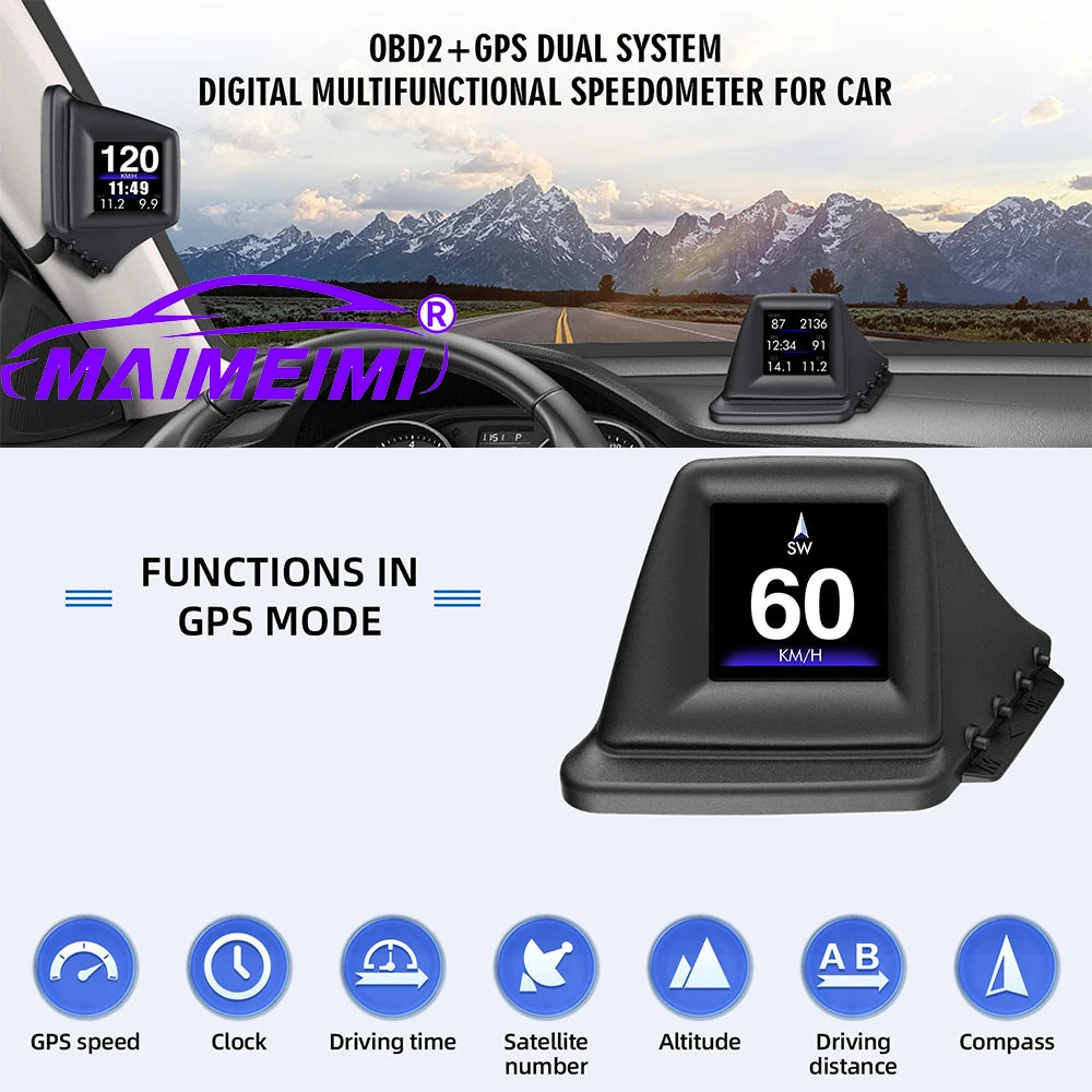 Multi-function OBD2+GPS Car HUD Head Up Display | A-Pillar Turbo Gauge
