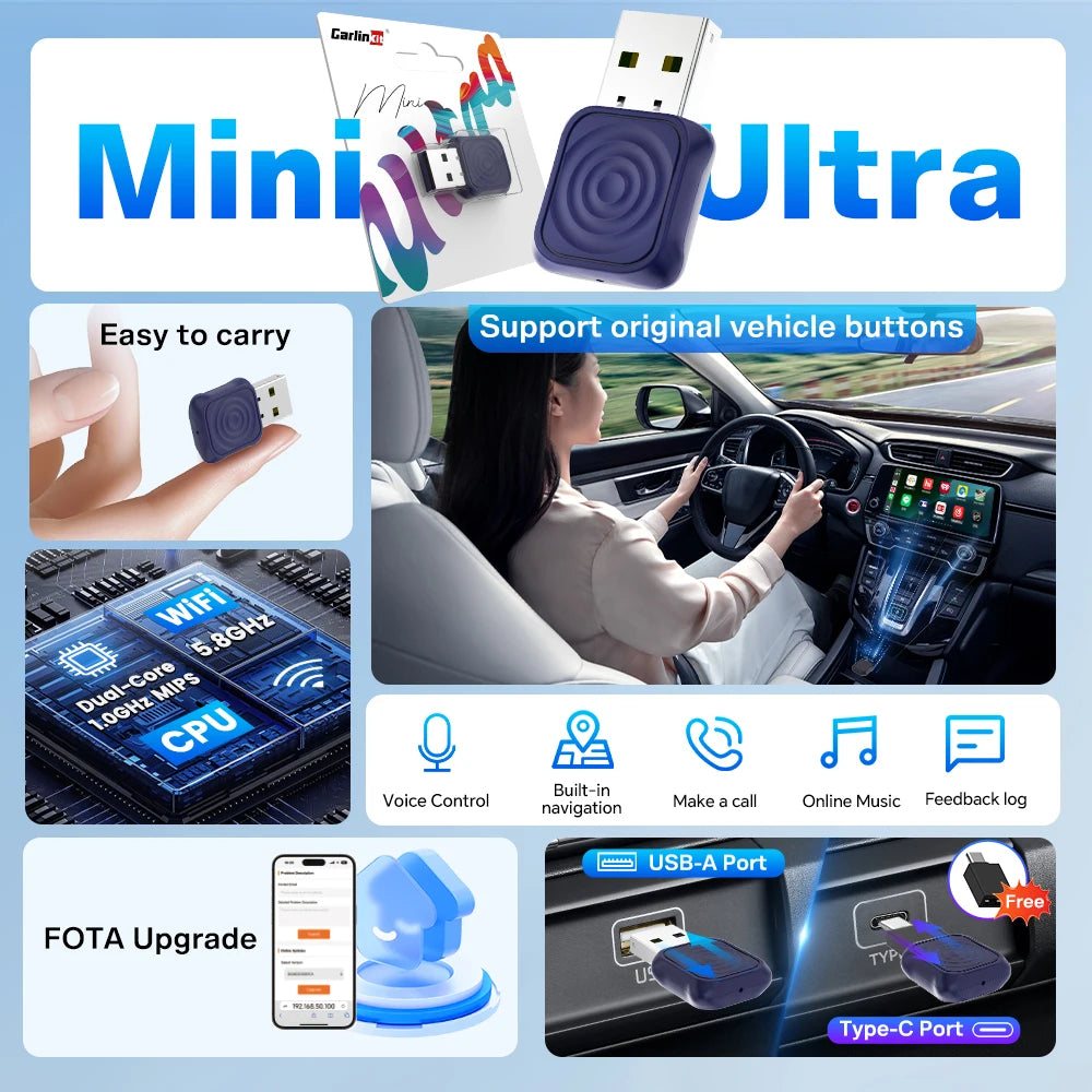 CarlinKit 5.0 Mini Ultra Wireless CarPlay Android Auto Adapter | Plug and Play for OE alternate view