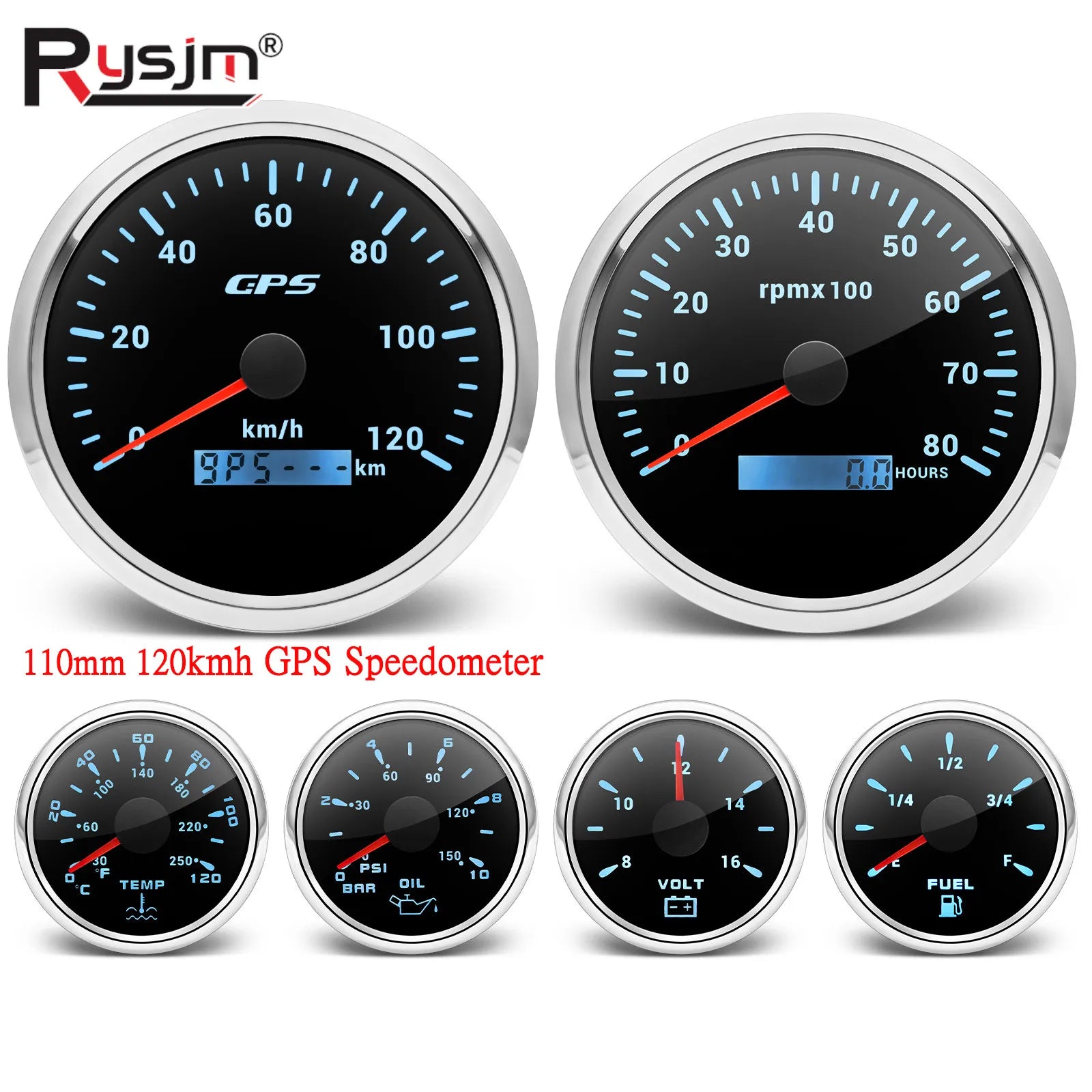 6 Gauge Set with GPS Speedometer, Tachometer, Voltmeter, and Sensors | 110mm and 52mm Ma detail view