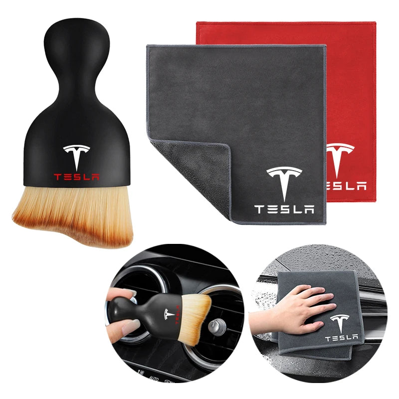 Car Interior Cleaning Soft Brush & Microfiber Towel Set | Tesla Model 3 Y