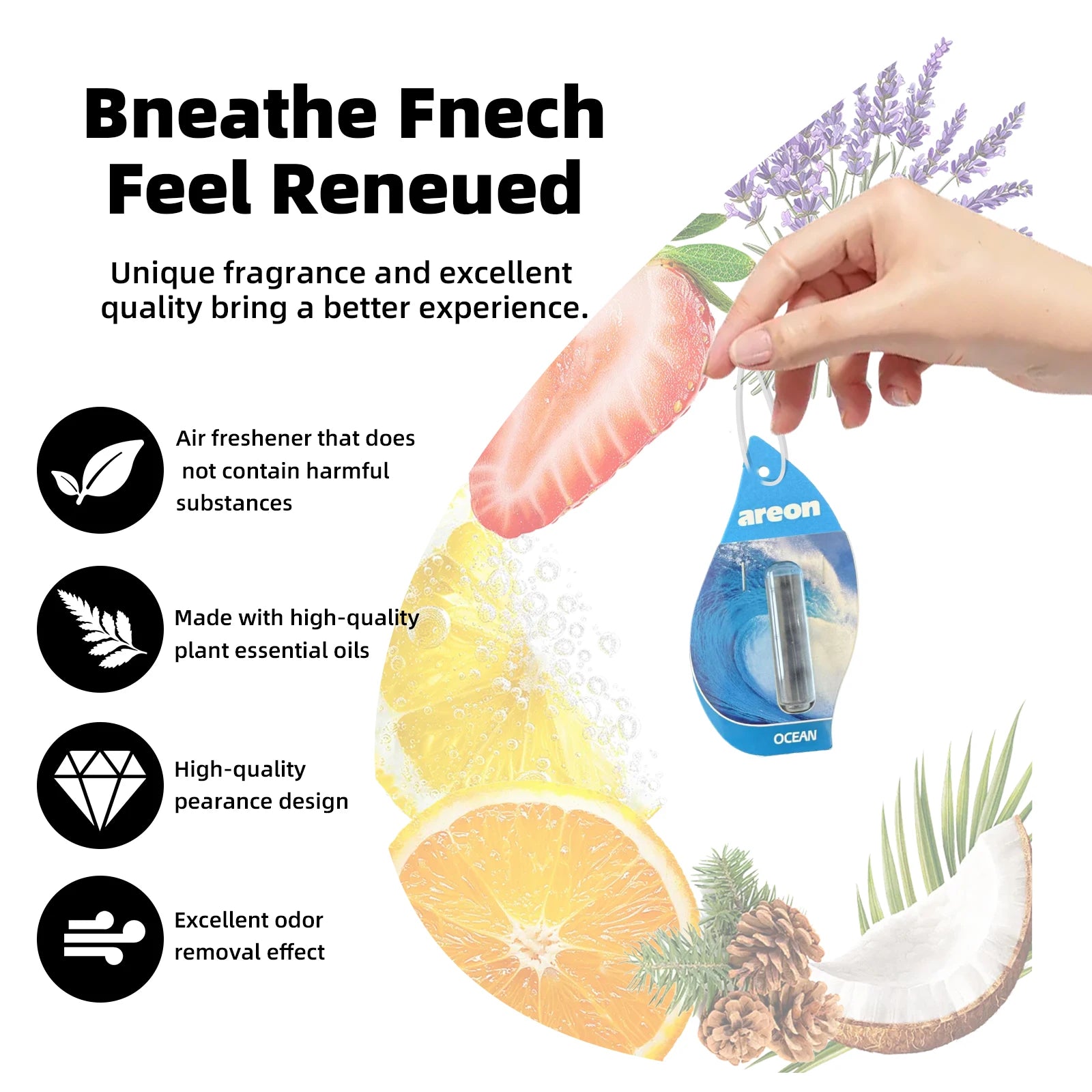 Areon 5/20pcs OCEAN Scent Car Air Freshener, Natural Tea-Scented Paper, Car-Mounted Hanging Type, Car Interior Accessories