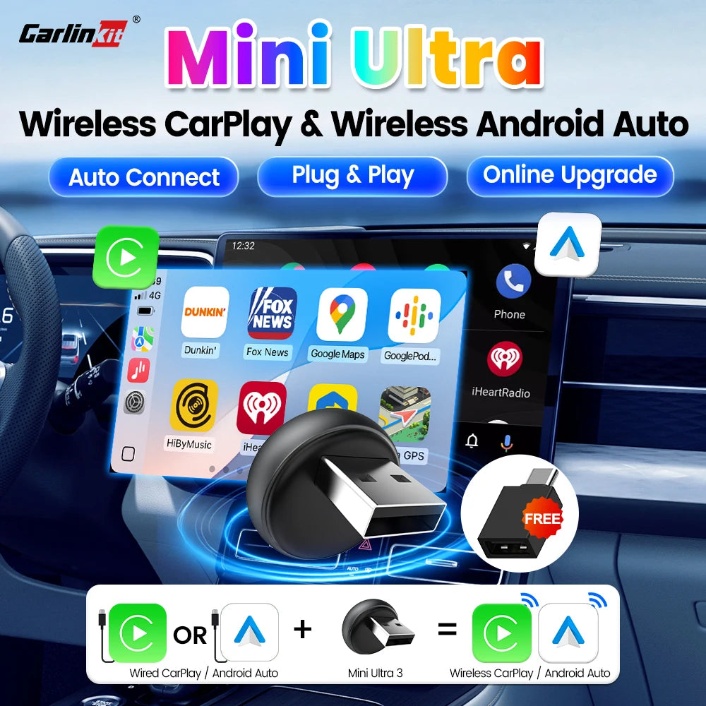 CarlinKit 5.0 Mini Ultra3 Wireless Android Auto CarPlay 2-In-1 Wireless Adapter WIFI BLE Auto Connec
