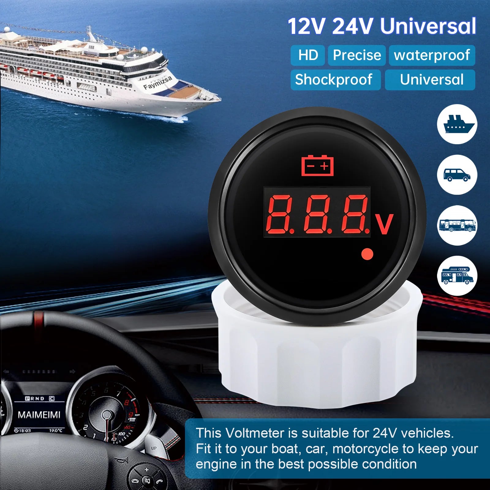 8-32V 28-48V 52mm Digital Voltmeter with Red Alarm Light | Waterproof Voltage Gauge additional angle