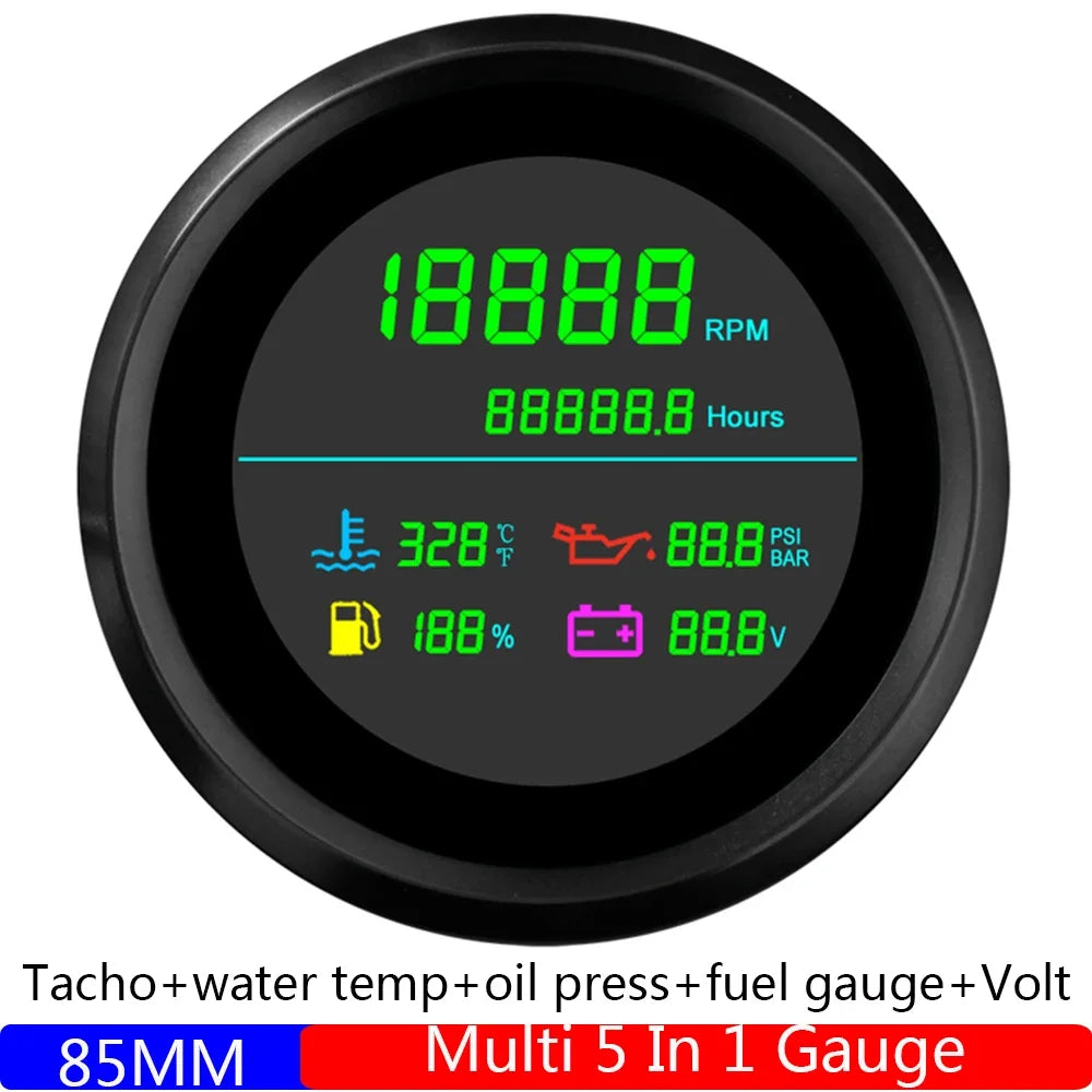 Multi 85mm 6-in-1 Tachometer Gauge Set | Fuel Level, Water Temp, Oil Pressure, Voltmeter detail view