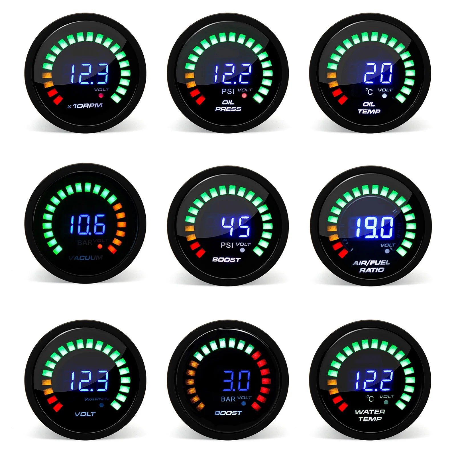 52mm 2 Inch Digital Car Gauge Set | Tachometer Boost Vacuum Water Oil Temp Pressure additional angle