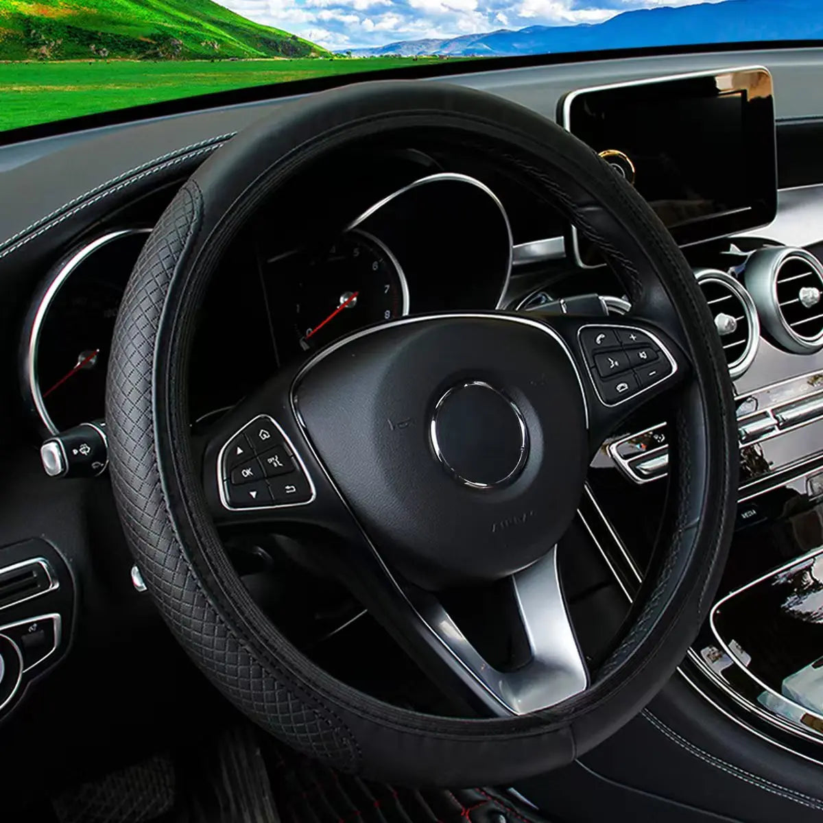 Leather Steering Wheel Cover for 14.5-15 Inch Wheels