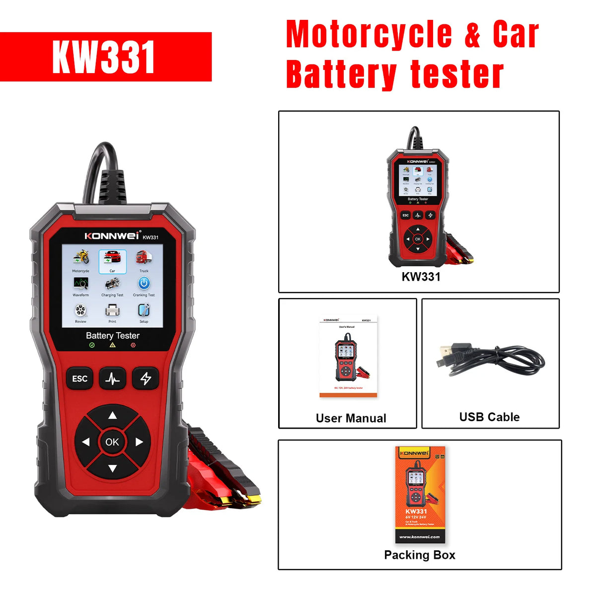 2026 KONNWEI KW331 Professional Car Battery Tester 6V 12V 24V AMG/EFB/GEL Battery Cran close-up view