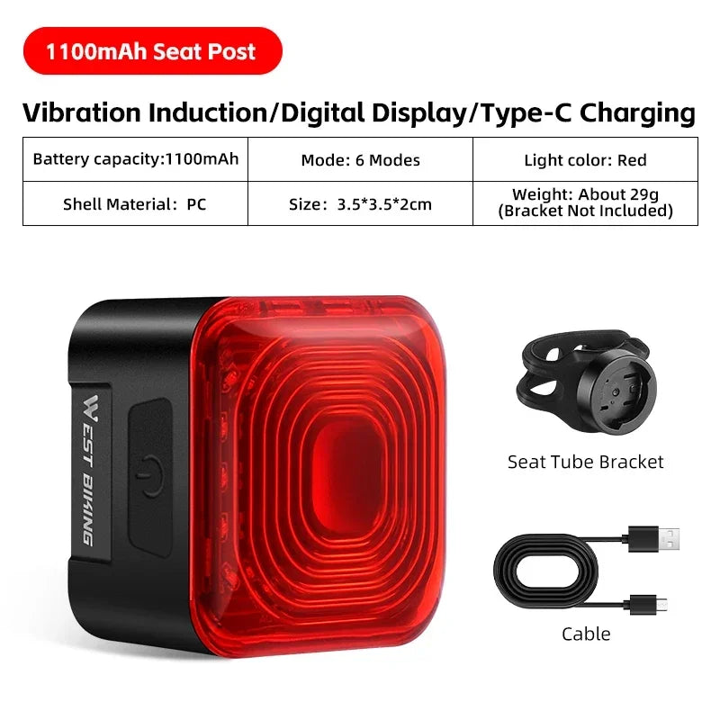 WEST BIKING Bike Tail Light Smart Sensing MTB Road Bike Rear Light IPX5 Waterproof Typ close-up view