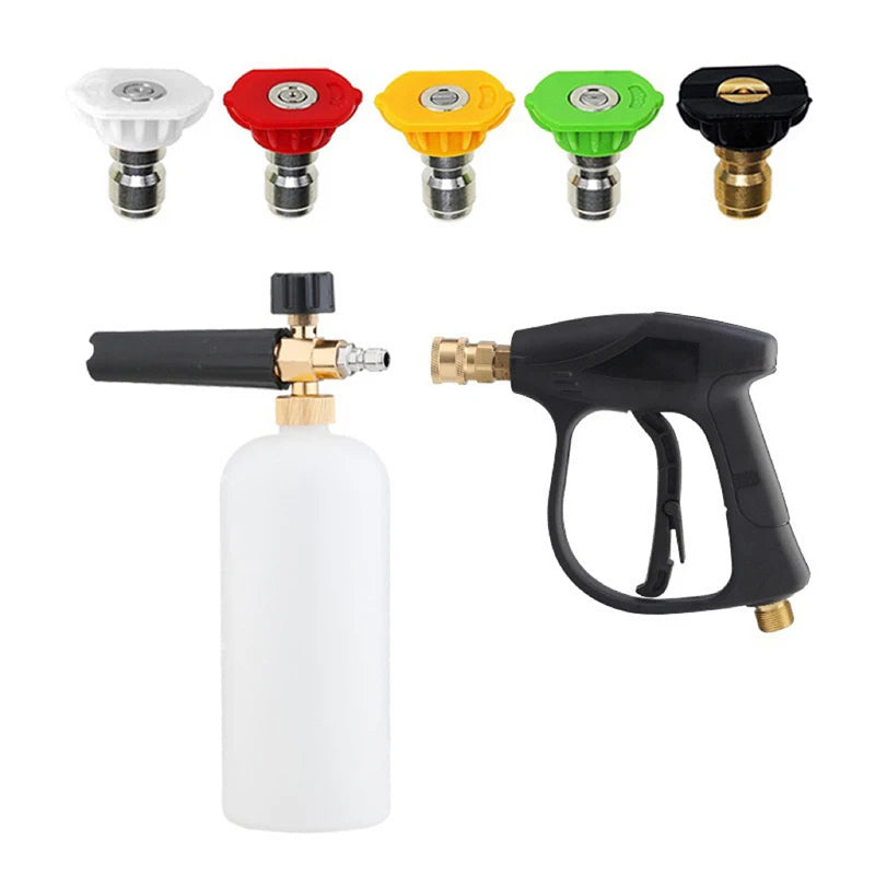 Pressure Washer Short Gun Foam Cannon Combo | 5 Nozzle Alloy Sprayer with 1L Tank