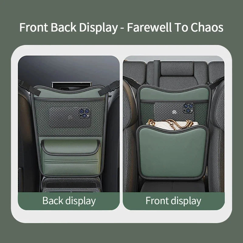 Leather Car Seat Organizer Between Seats Handbag Holder close-up view