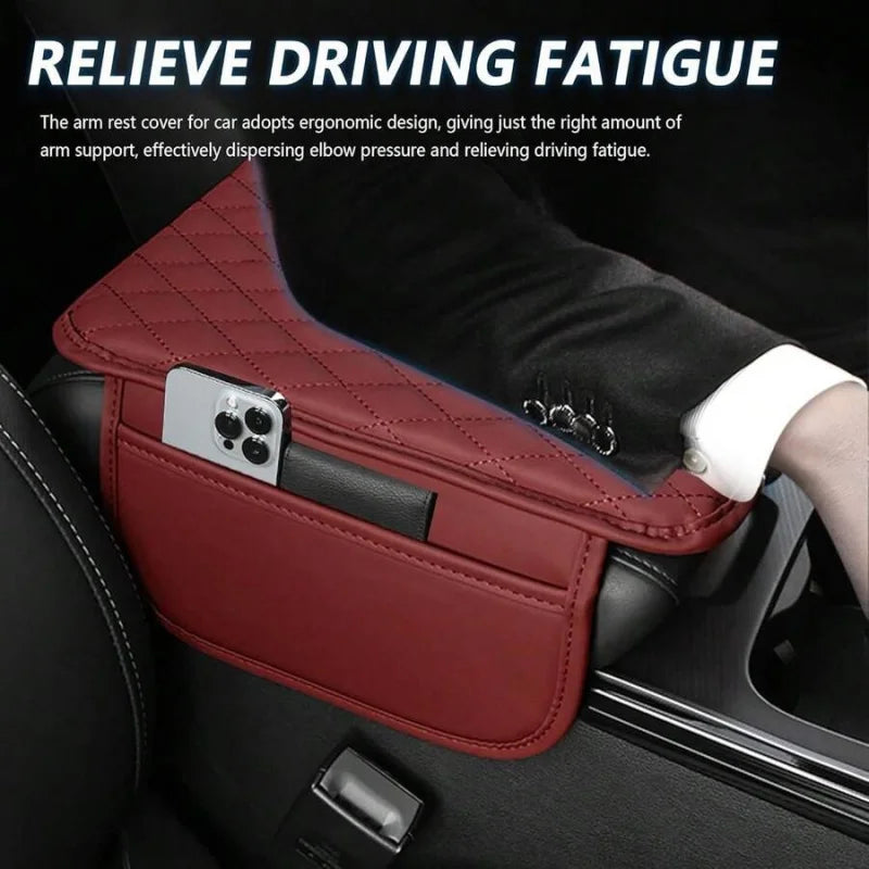 1pc Leather Car Center Console Armrest Cover Pad With 2 Storage Pockets, Universal Automotive Armrest Box Cushion
