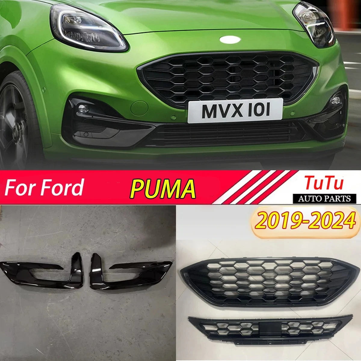 For Ford PUMA ST Line 2019-2024 Front Bumper Grille | Gloss Black ABS Fog Lamp Frame Trim