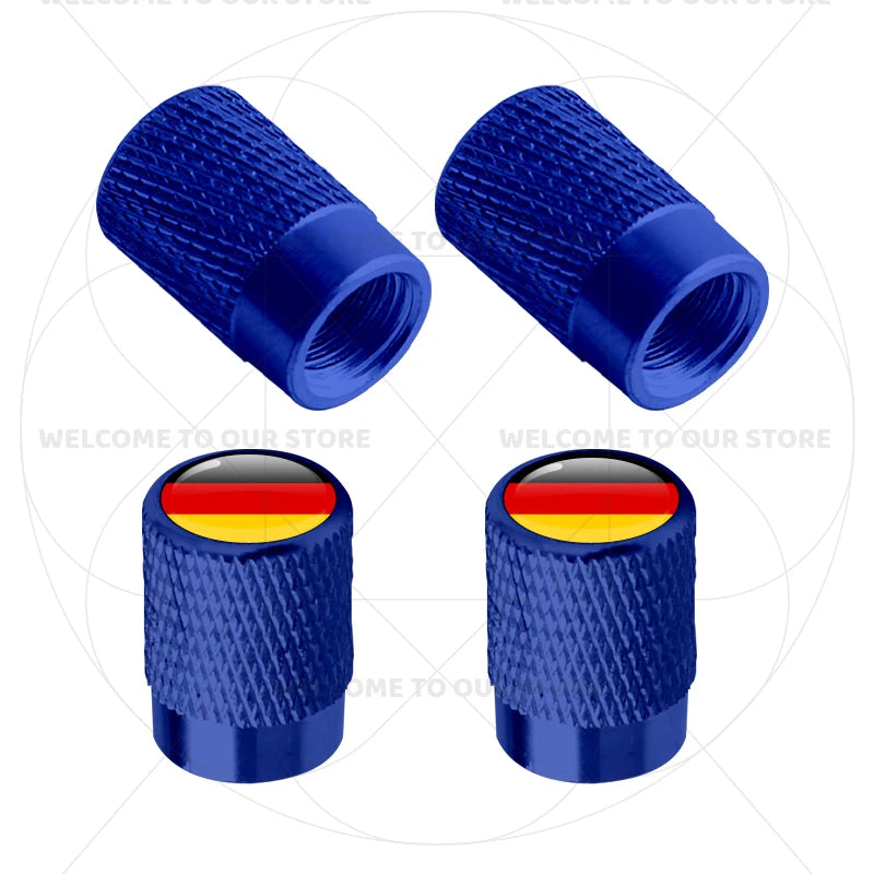 4Pcs Aluminum Motorcycle Car Tire Valve Caps with Germany France Italy Flag Emblems | close-up view