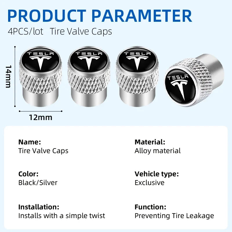 4Pcs Aluminum Tire Valve Caps | Tesla Model 3 Y X Roadster Car Accessories detail view