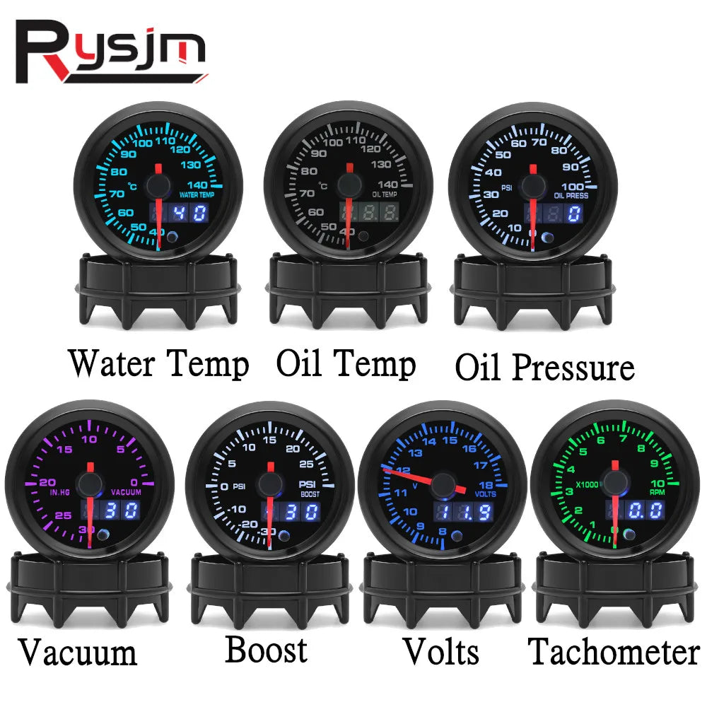 New 52mm 7 Color LED Car Gauge Set | Universal 12V Gauge