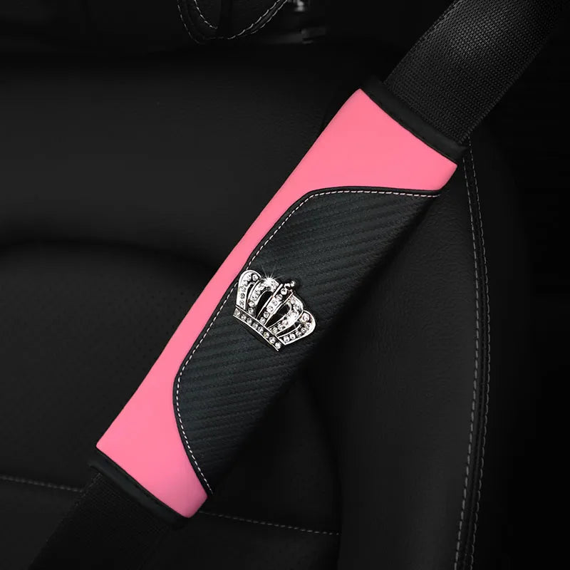 Diamond-Encrusted PU Carbon Fiber Leather Crown Car Shoulder Guard Safety Belt Decoratio detail view