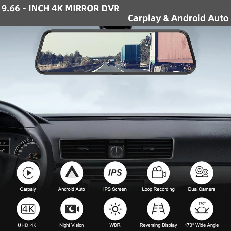 9.66" 4K Mirror Dash Cam | Android Auto, 5G WiFi, GPS, 1080P Rear, 24H Parking alternate view