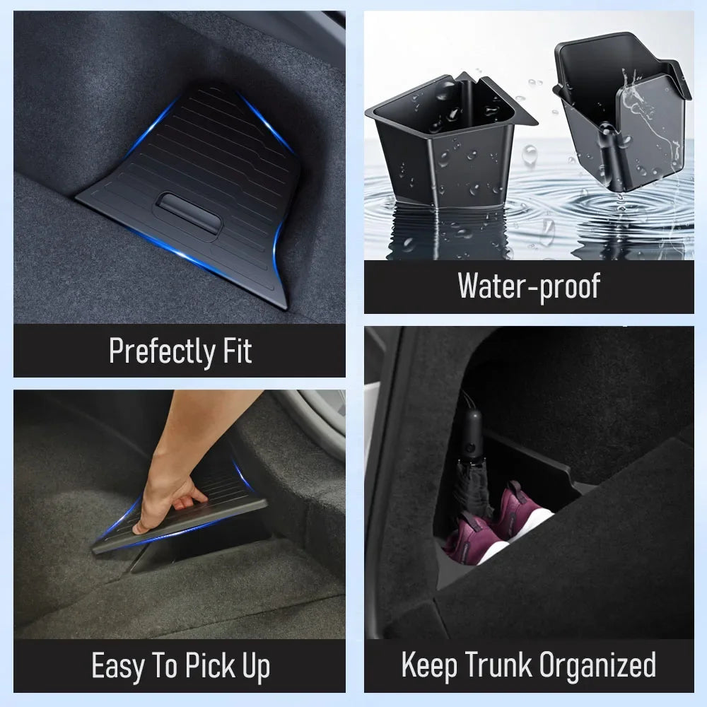 TESMAYX Car Trunk Side Storage Box for Tesla Model Y Juniper 2025 | Flocking TPE Mat lifestyle view