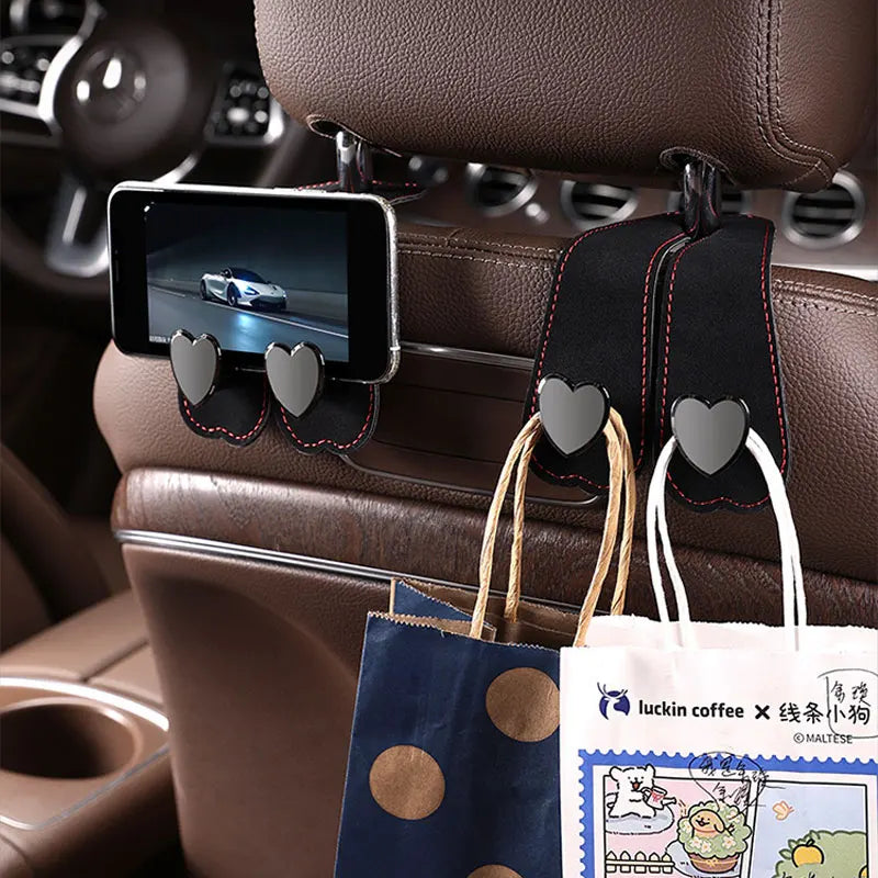 Heart Shape Metal Car Headrest Hooks 2 in 1 Leather Hanger alternate view