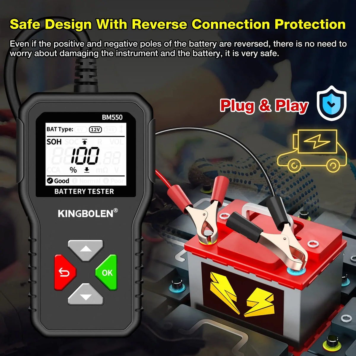 KINGBOLEN BM550 6V 12V 24V Car Battery Tester，Auto Battery Analyzer 100-2000 CCA BM550 Battery Tester, Accurate Digital Automotive Alternator Tester for Cars Trucks SUV ATV Boats Motorcycles