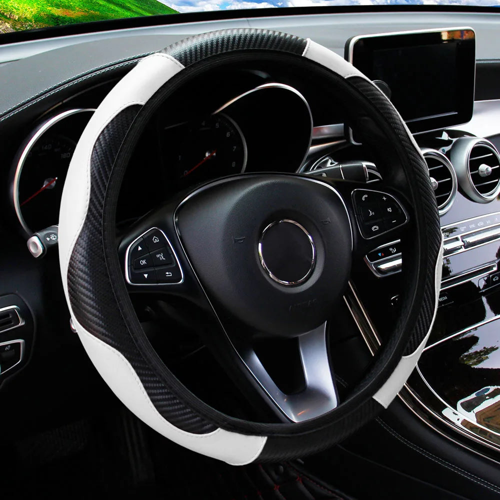 PU Carbon Fiber Leather Car Steering Wheel Cover without Inner Ring Suitable for 14.5- close-up view