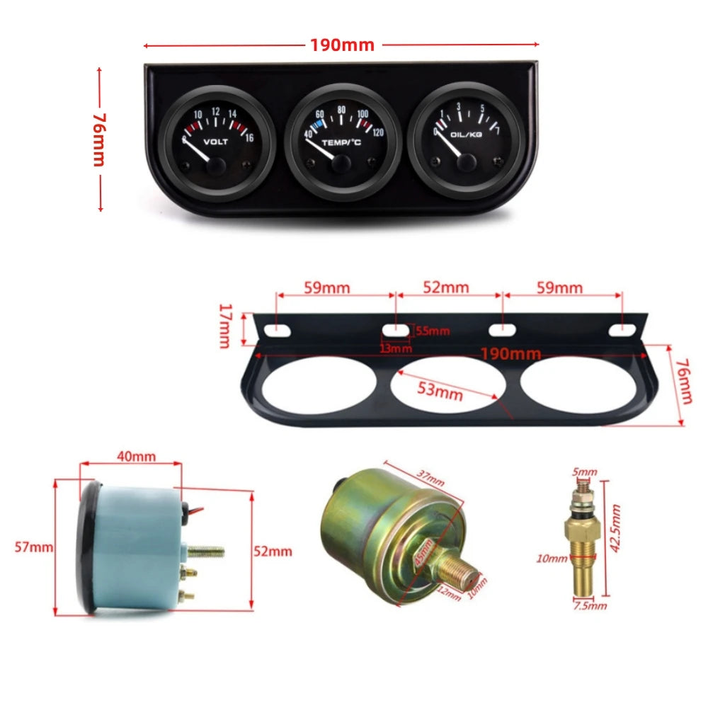 52mm 3 In 1 Triple Gauge Kit | Oil Pressure Voltmeter Water Temp with Sensors alternate view
