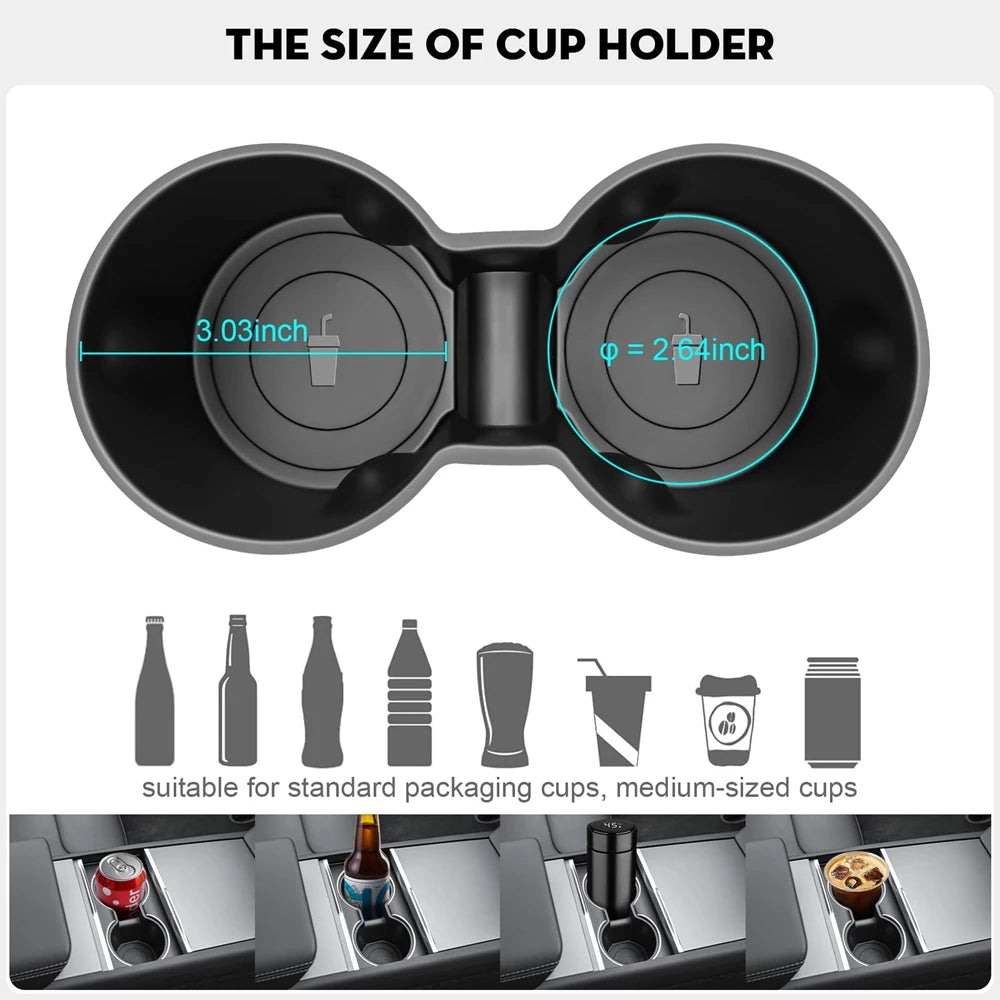 Tesla Cup Holder Insert & Armrest Box Organizer – TPE Center Console Protector for Mod close-up view