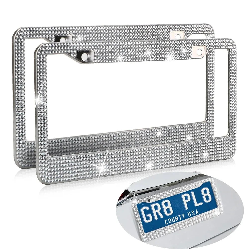 2PCS Stainless Steel License Plate Frame for Cars US-Spec Bling License Plate Frame Glitter Crystal Sparkling Rhinestone Caps