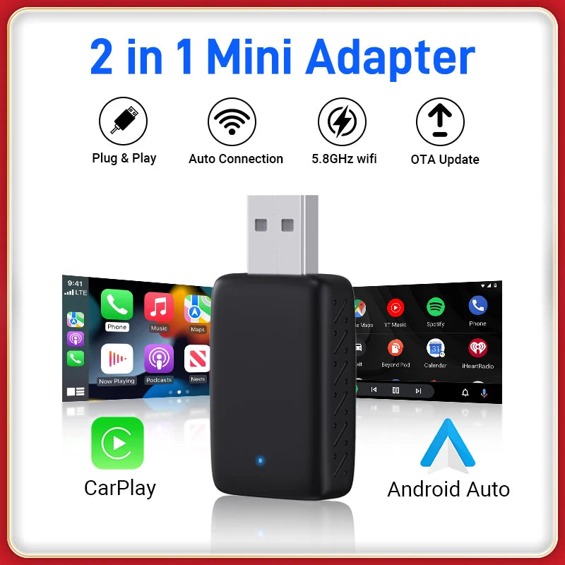 Wireless CarPlay Android Auto Adapter | 2 in 1 Mini Car Ai Box for Audi Toyota VW Peugeot
