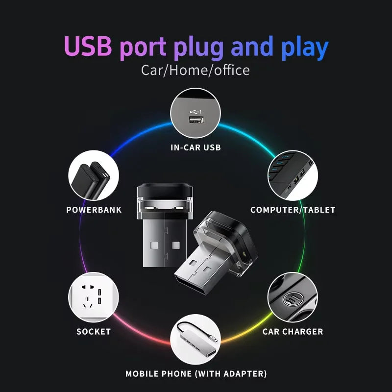 1/2X Car USB Mini LED Interior Atmosphere Light Plug Play Universal Auto LED Lighting close-up view