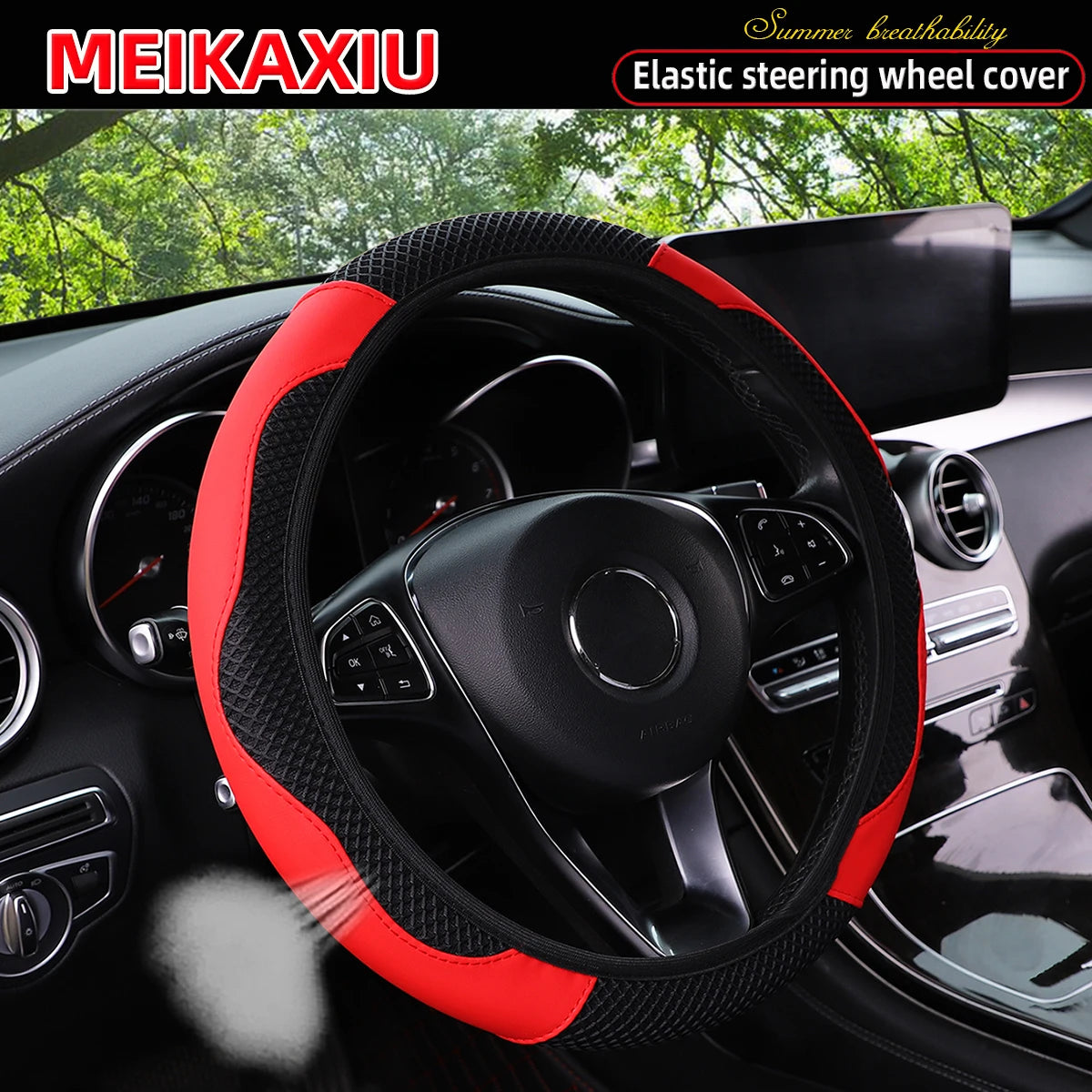Women's PU Leather Breathable Steering Wheel Cover Car Accessory Suitable for 14.5- additional angle
