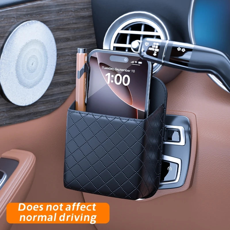 PU Leather Car Air Vent Organizer - Hanging Storage Box for Phone, Coins, Sunglasses & close-up view
