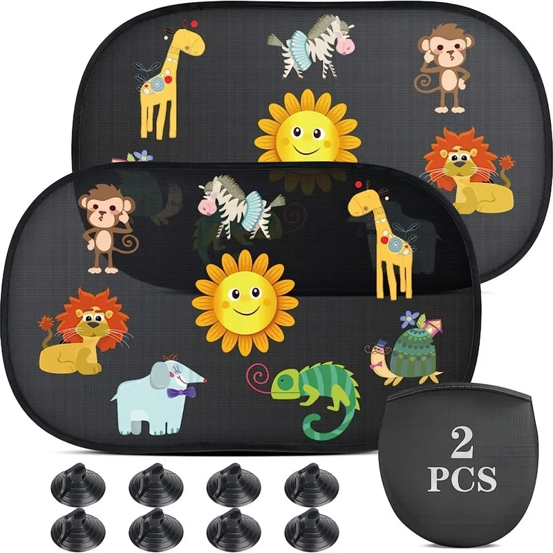 2-Piece Cartoon Animal Car Sunshade | UV Resistant Self-Adhesive Window Shade
