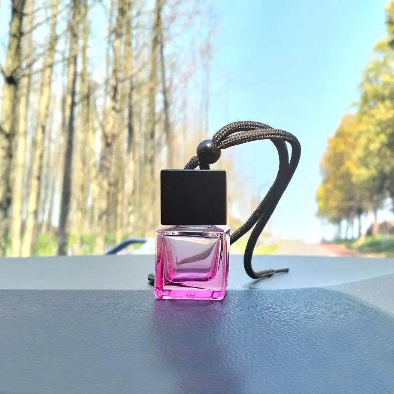 Square Glass Car Perfume Bottle Pendant | Empty Essential Oil Diffuser close-up view