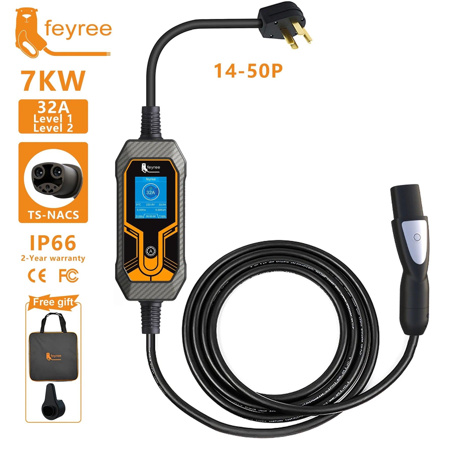 feyree Portable EV Charger Wallbox Tesla 7KW 32A Level 2 | Current Adjustable with 5m alternate view