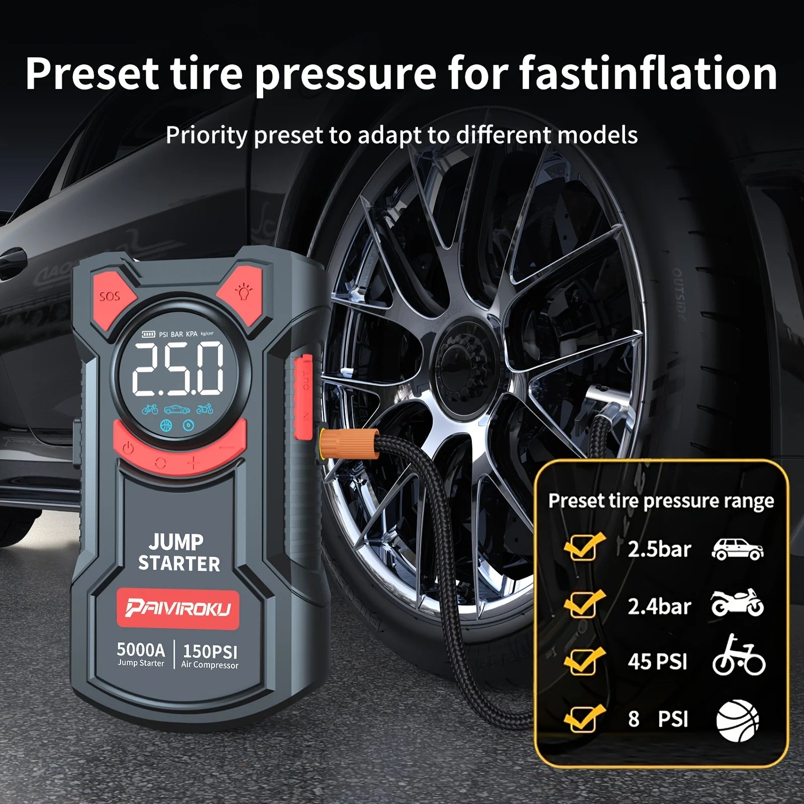 5 In 1 Jump Starter With Air Compressor | 5000A Peak 150 PSI Portable Jump Box additional angle