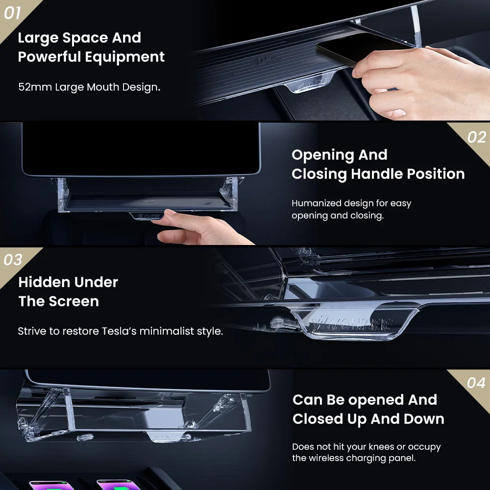 Magnetic Under Screen Storage Box | Hidden Tray for Tesla Highland Model 3 and Juniper M detail view