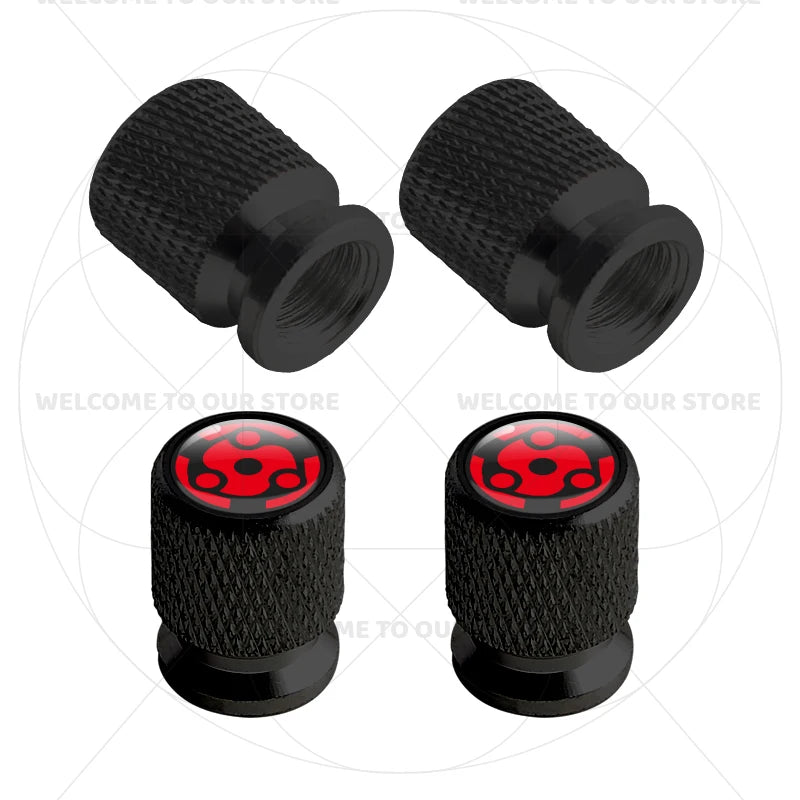 Itachi Rinnegan Sharingan Tire Valve Caps | 4pc Aluminum Anime Car Accessories lifestyle view