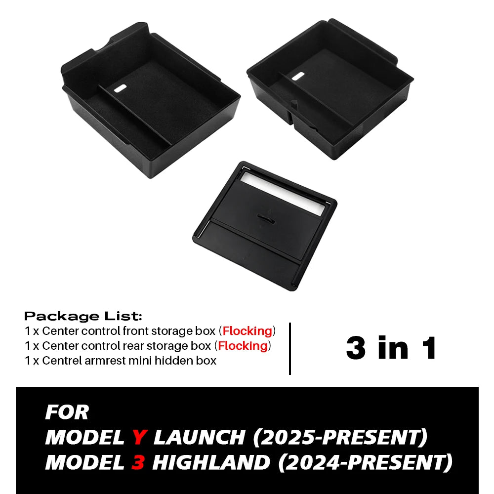 TESY for Tesla Model YL Y Juniper Launch Model 3 Highland Console Armrest Storage Box Organizer Flocking ABS with Silicone Pad