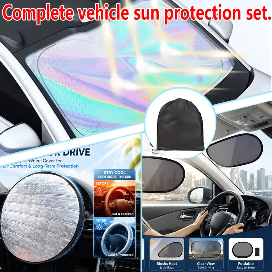 Car Sun Shade Kit, Windshield Sun Visor, Steering Wheel Sun Cover