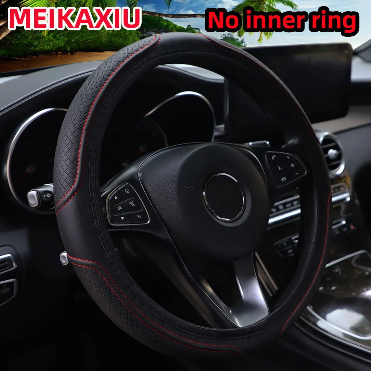 PU Leather Checkered Embossed Streamlined Car Rimless Steering Wheel Cover Suitable for detail view