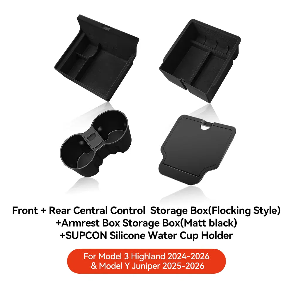 For Tesla Model 3/Y/Highland/Juniper 2026 Center Armrest Hidden Storage Box | Cup Hold close-up view